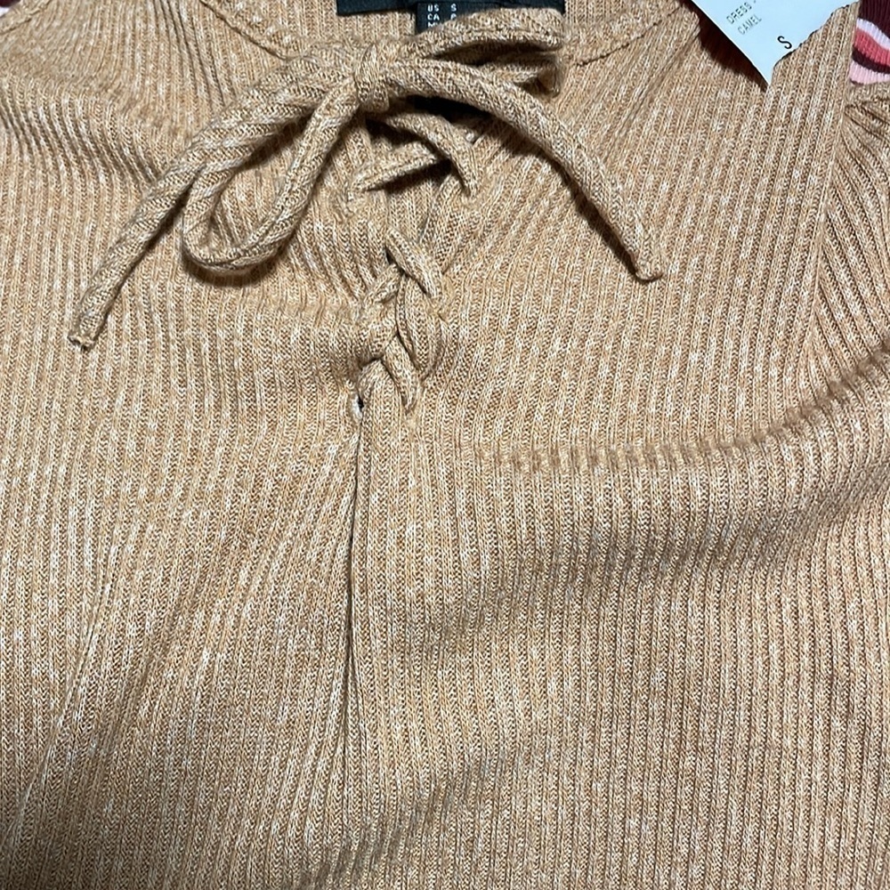 NWT F21 Ribbed Dress Small Camel Tan Tank Mini Lace Jersey Knit Stretch Babydoll - Picture 13 of 14